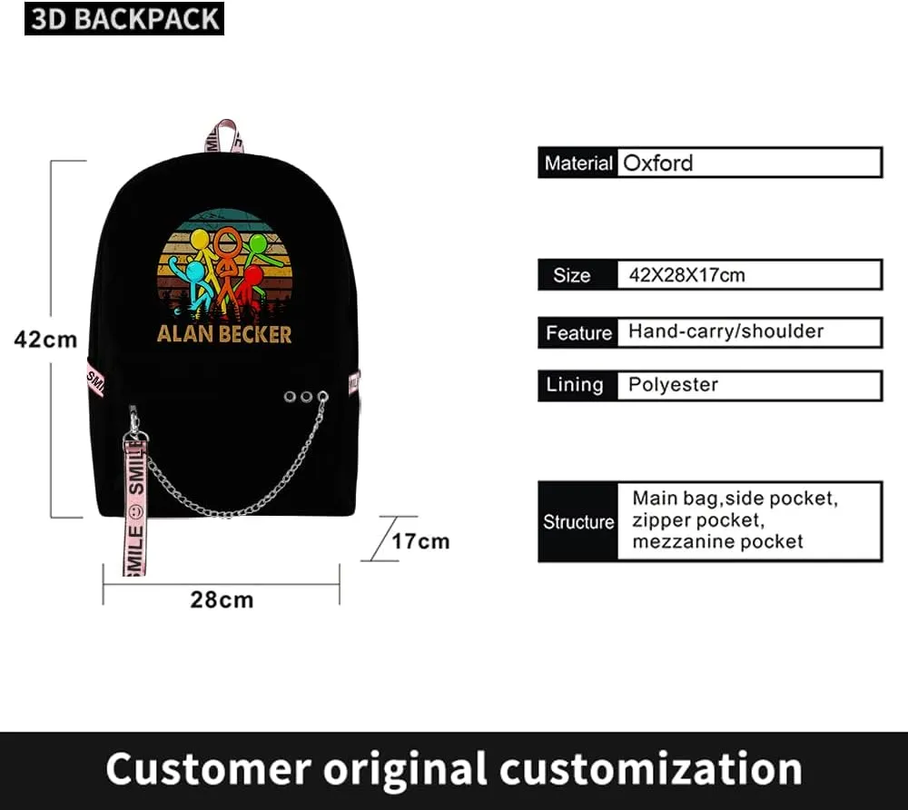 Alan Becker Backpack Merch Women Men Multipurpose Bag Three Piece Travel Backpack Casual Daypack (Black-Three Suit)