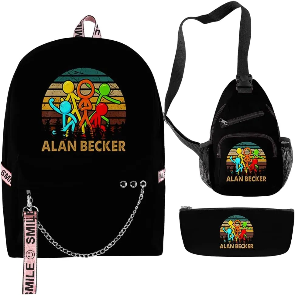 Alan Becker Backpack Merch Women Men Multipurpose Bag Three Piece Travel Backpack Casual Daypack (Black-Three Suit)