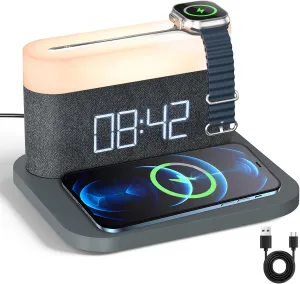 Alarm Clock with Multi-Function Mobile Phone Watch Wireless Charging 15W Max Touch Bedside Lamp,3 Colors nightlight, Sleep Timer for Bedroom,Bedside,Desk