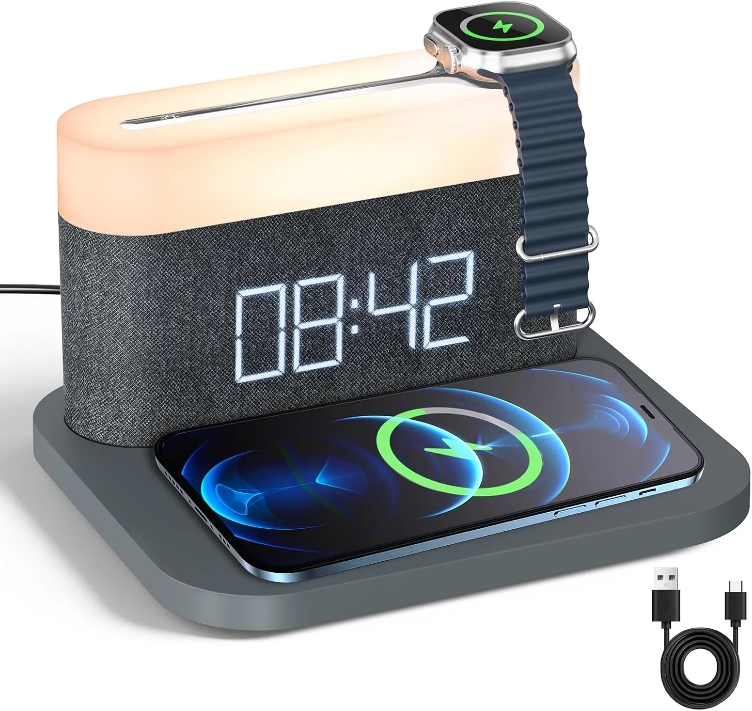 Alarm Clock with Multi-Function Mobile Phone Watch Wireless Charging 15W Max Touch Bedside Lamp,3 Colors nightlight, Sleep Timer for Bedroom,Bedside,Desk