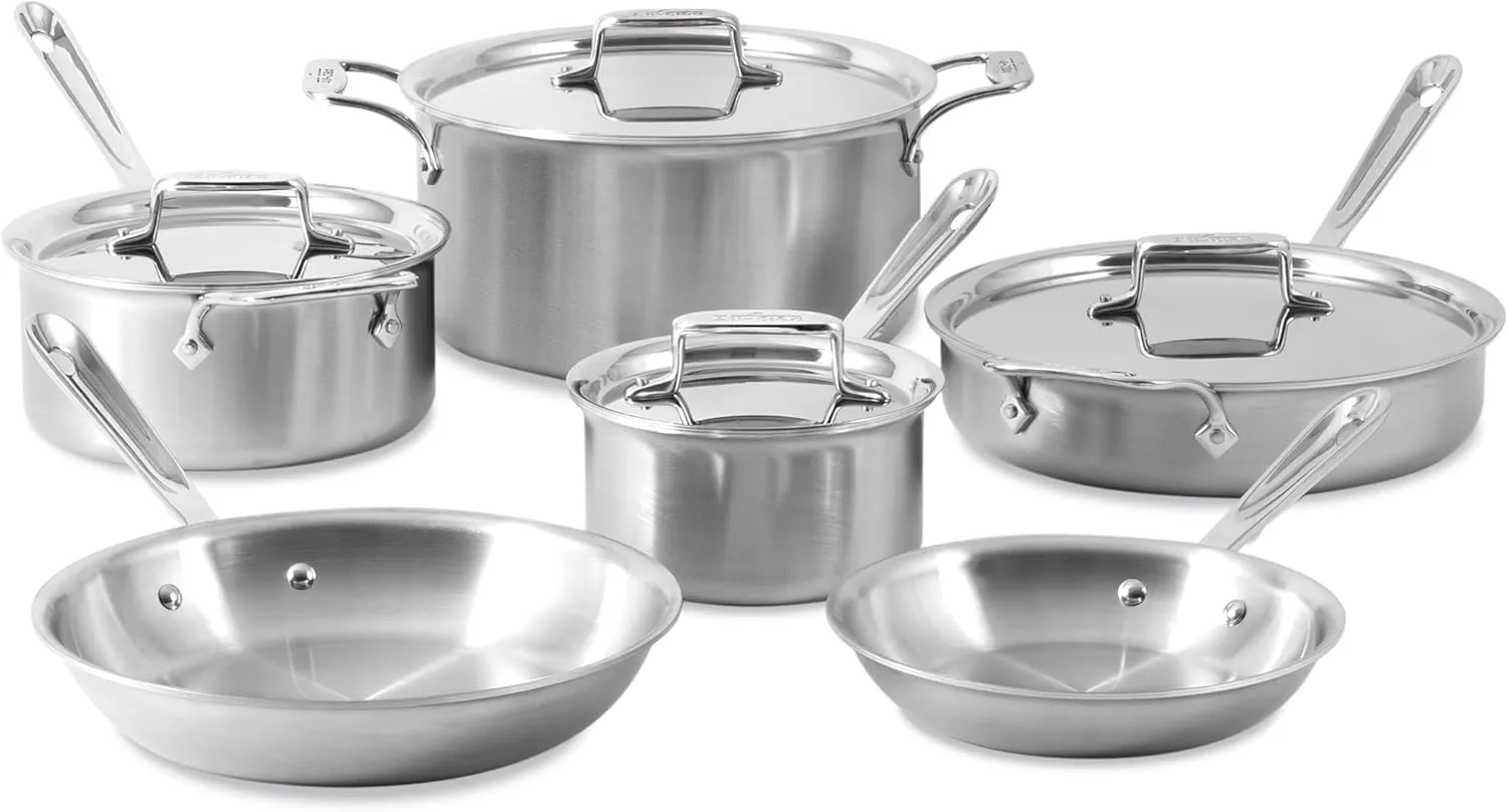 All-Clad D5 Brushed 5 Ply Stainless Steel Cookware Set 10 Piece w/ Frying Pans, Pots and Pans Set, Induction, Oven Broiler Safe 600F, Silver