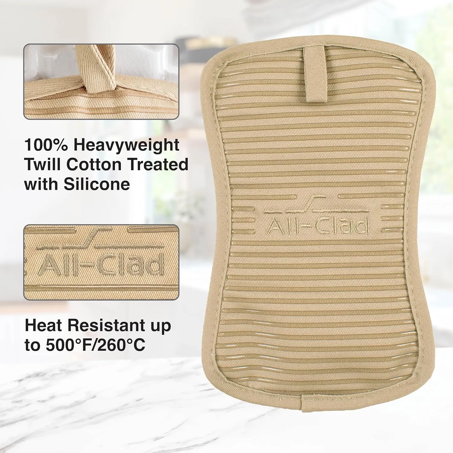 All-Clad Premium Pot Holder & Hot Pad: Heat Resistant to 500 Degrees - 100% Cotton, 10"x6.25" Hot Pad for Kitchen and Barbeque, (2-Pack), Cappuccino
