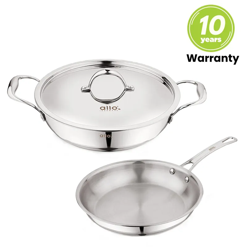 Allo CookSafe TriPly Stainless Steel Kadhai & Frypan 2pcs Combo Set of 2.7 Litres Kadhai with Lid and 1.5 litres Frypan without Lid - Induction Friendly - Naturally Non-Stick, 24Cm & 22Cm