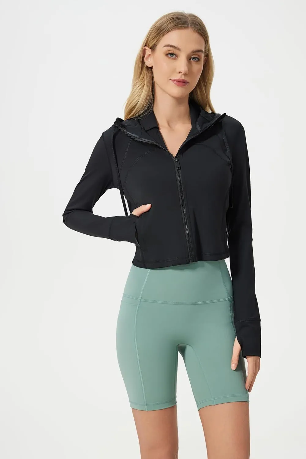altiland Lightweight Workout Hooded Jacket for Women, UPF 50  Cropped Full Zip Athletic Gym Running Jackets with Thumb Holes