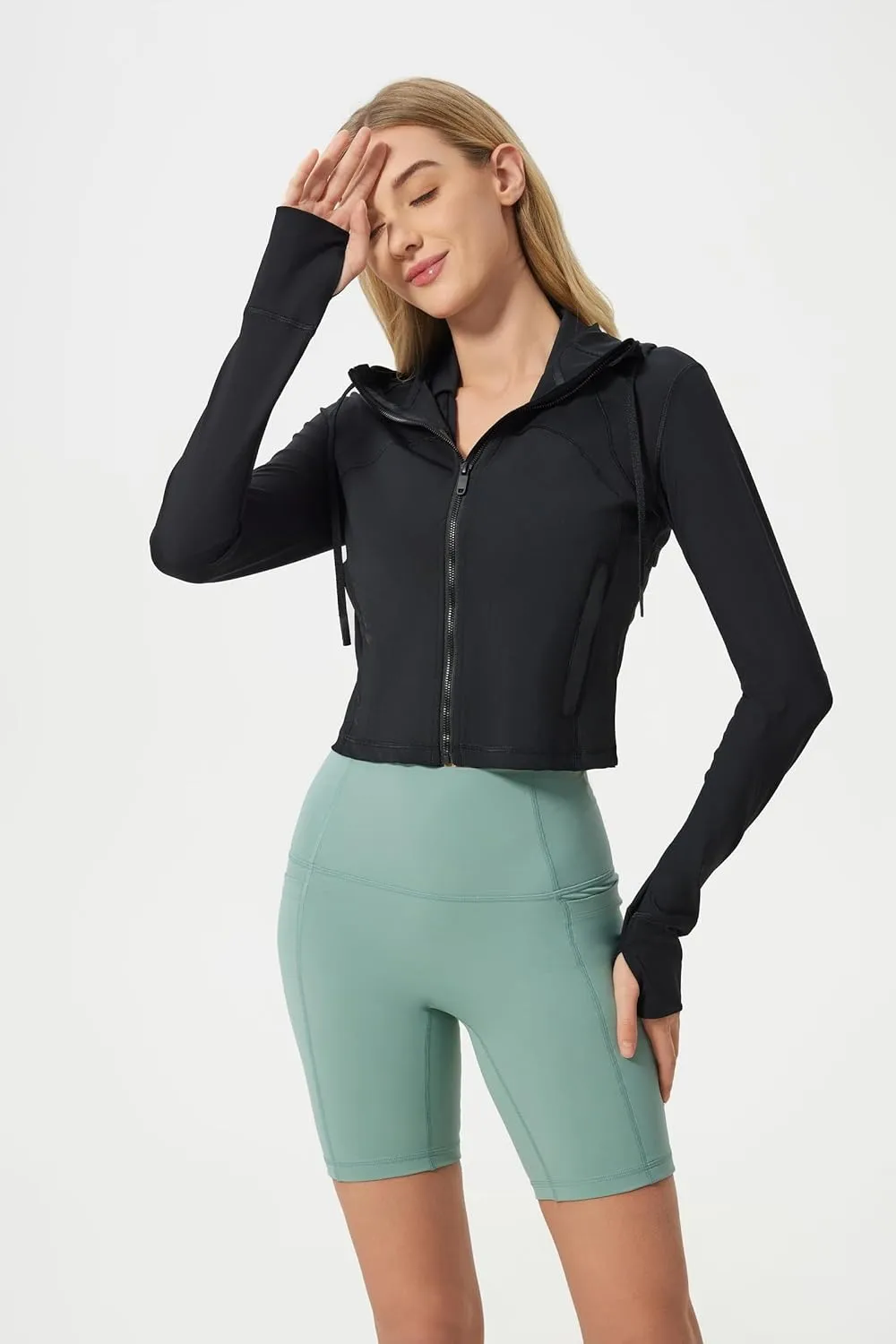 altiland Lightweight Workout Hooded Jacket for Women, UPF 50  Cropped Full Zip Athletic Gym Running Jackets with Thumb Holes