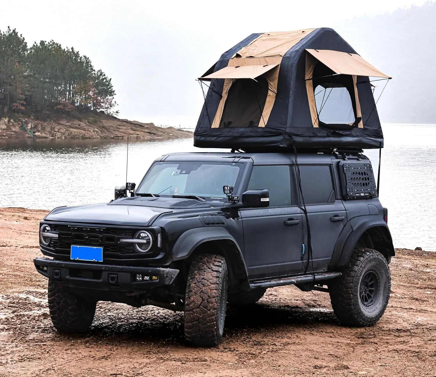 Amphibious Inflatable Roof Top Tent for Elevated Camping, Quick Setup and Design, Khaki & Black