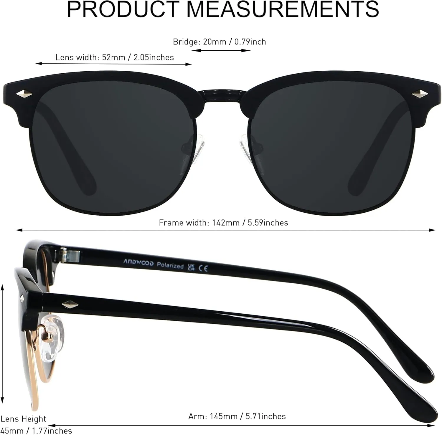 ANDWOOD Polarized Sunglasses for Men Women UV Protection Semi Rimless Sun glasses Classic Half Frame