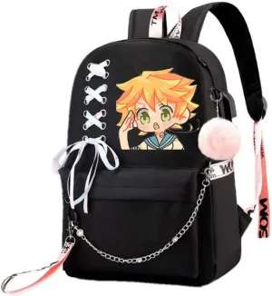 Anime The Promised Neverland Emma Ray Norman Backpack Cosplay Kawaii Ribbon Bag (10)