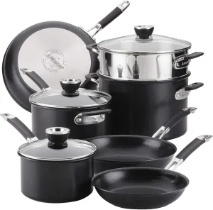 Anolon, Bla SmartStack Hard-Anodized Nesting Pots and Pans Cookware Set, 10-Piece, Black, 23.5 x 14 x 13.5 inches