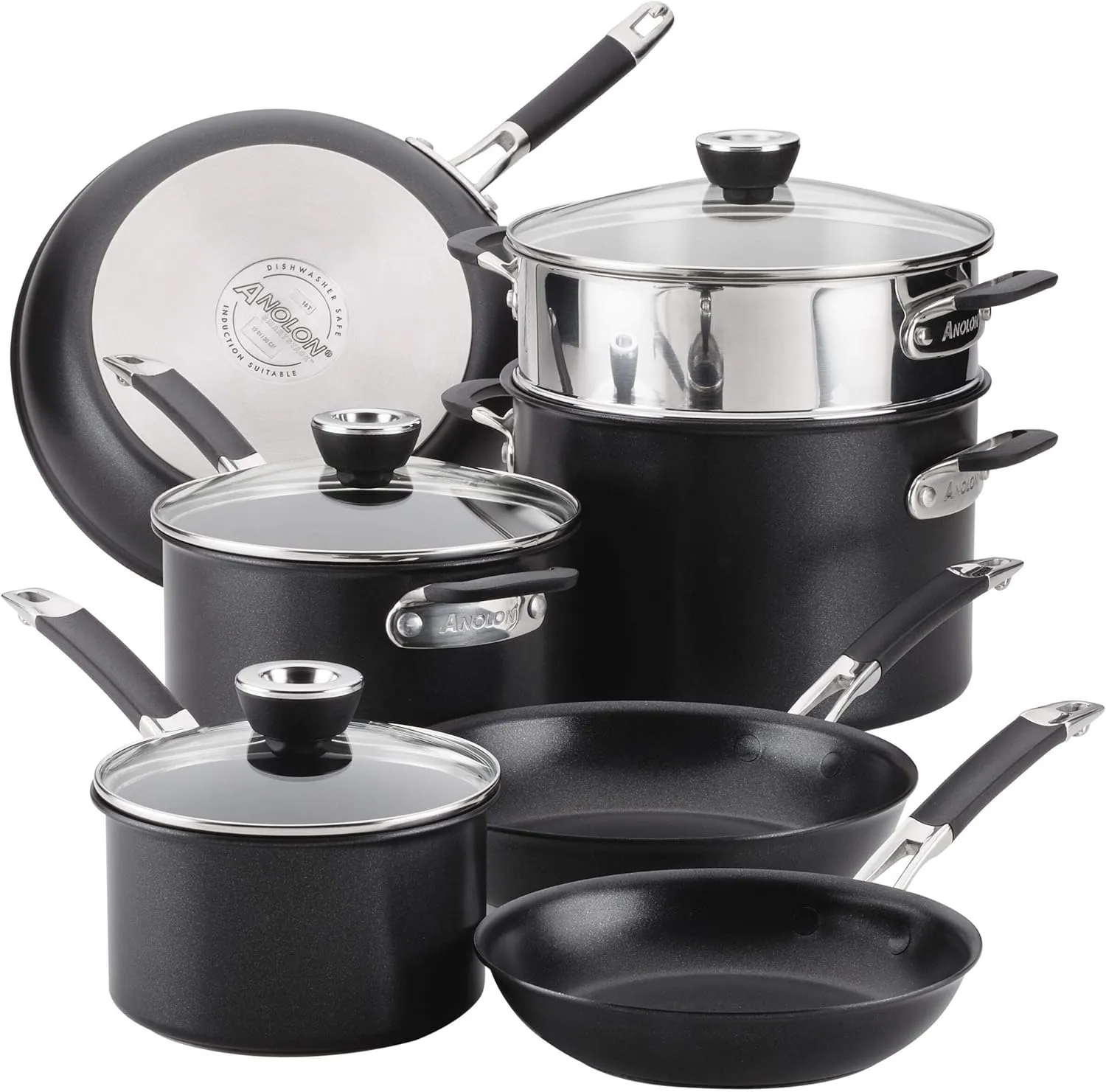 Anolon, Bla SmartStack Hard-Anodized Nesting Pots and Pans Cookware Set, 10-Piece, Black, 23.5 x 14 x 13.5 inches