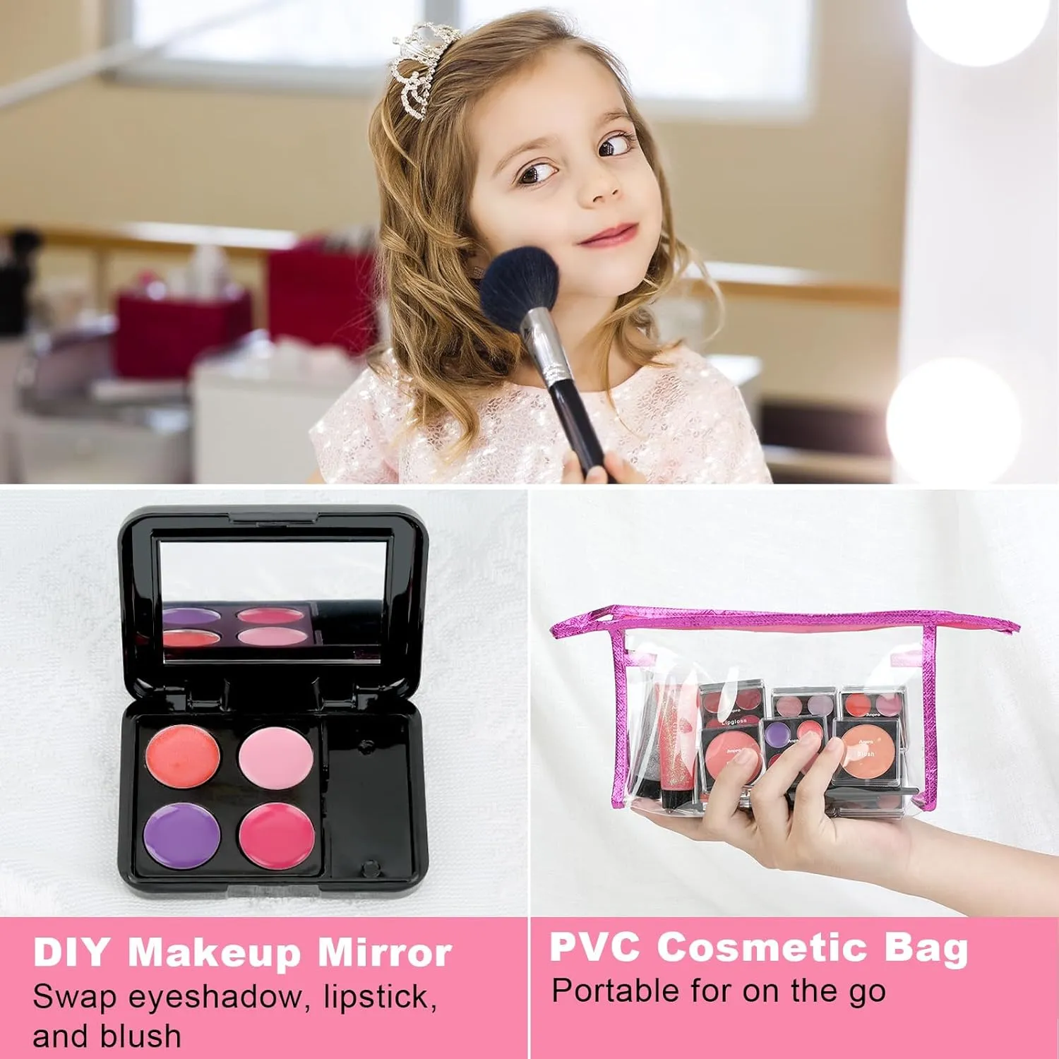 Anpro All-In-One Makeup Carry Case with Pro Teen Makeup Set, Full Starter Cosmetics Kit with Makeup Brushes, Lipsticks, Eye Shadows Palette, Blushes, Glitter Gel-Pink Leopard