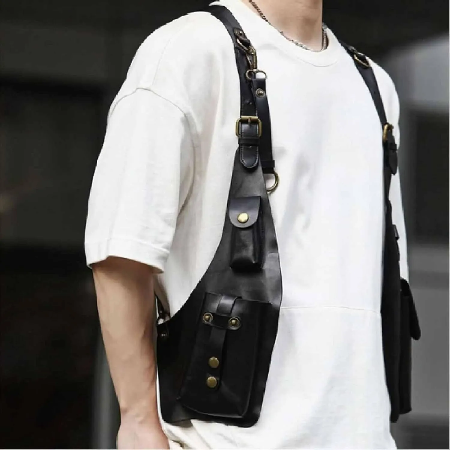 Anti-Theft Bag With Shoulder Harness, Anti Theft Harness Wallet for Men, Mens Leather Harness (Dark Brown)