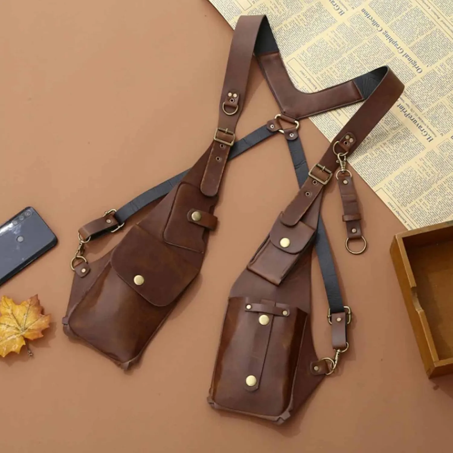 Anti-Theft Bag With Shoulder Harness, Anti Theft Harness Wallet for Men, Mens Leather Harness (Dark Brown)