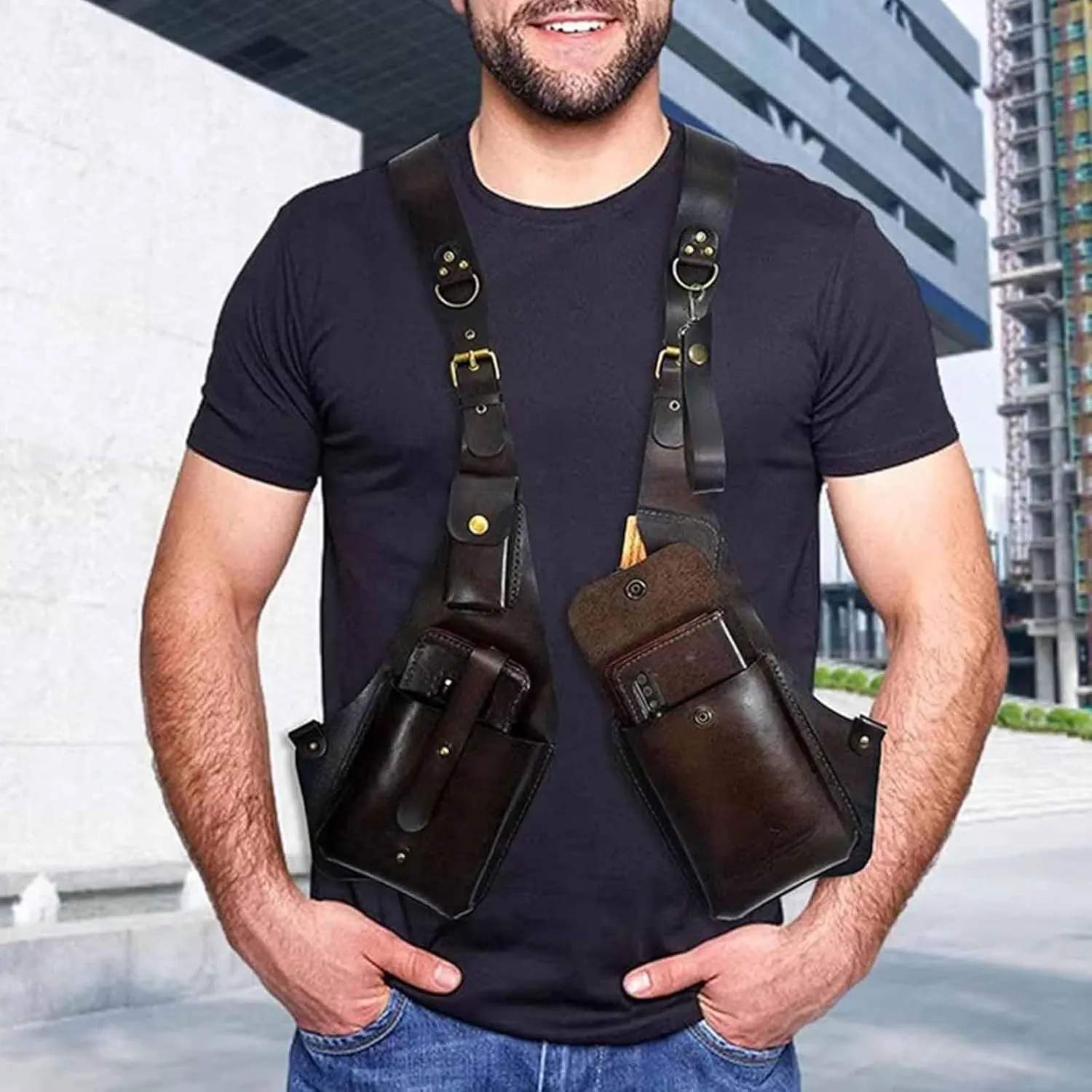 Anti-Theft Bag With Shoulder Harness, Anti Theft Harness Wallet for Men, Mens Leather Harness (Dark Brown)