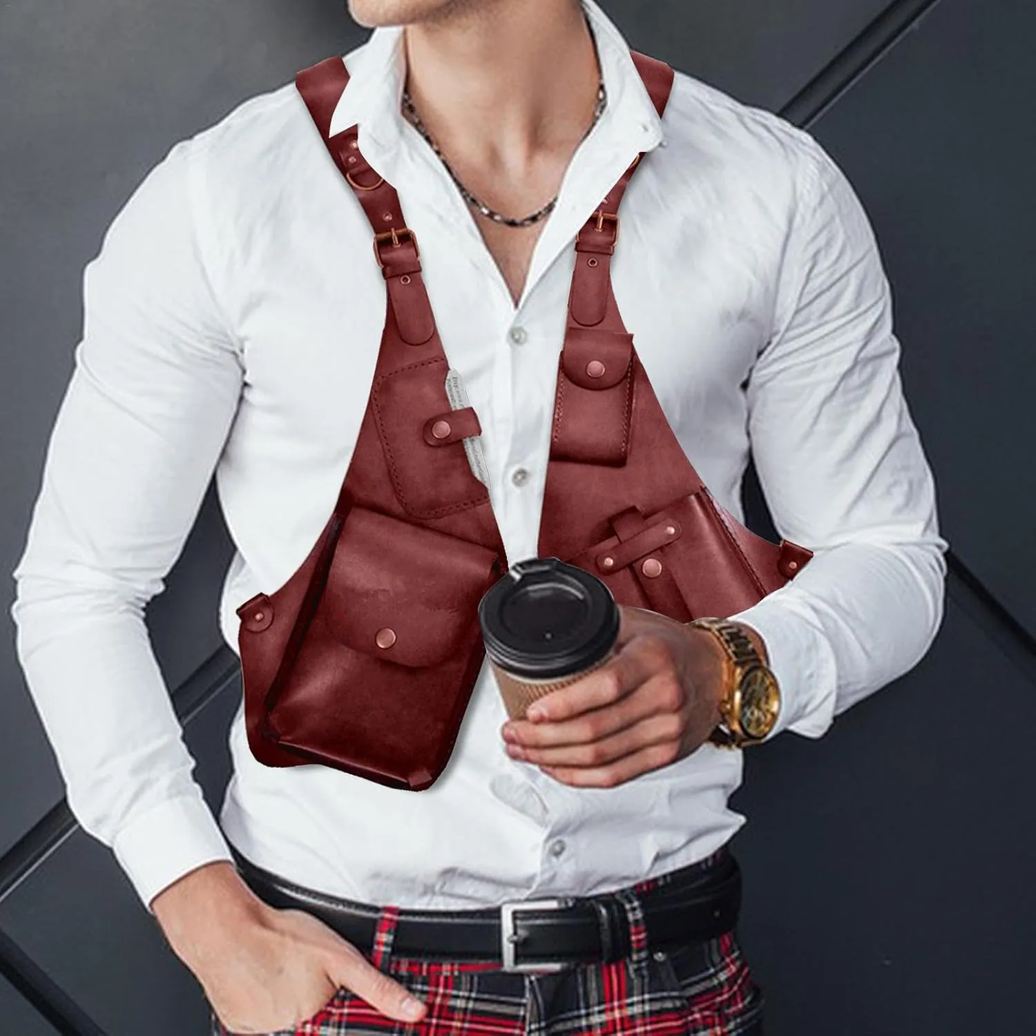 Anti-Theft Harness for Men - Leather Anti-Theft Harness, Double Shoulder Bag Cosplay Medieval | Phone Bag for Men and Women, Wallet Purse with Adjustable PU Leather Strap, red, Consulte la descripción