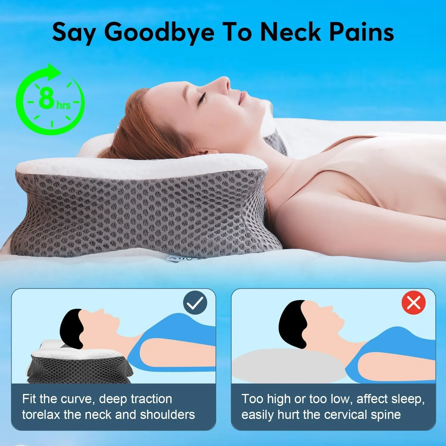 Anvo Cervical Pillow for Neck Pain Relief - Neck Pillows for Pain Relief Sleeping - Pillow for Neck and Shoulder Pain - Ergonomic Design for Side Back Stomach Sleeper-Light Black Queen Soft