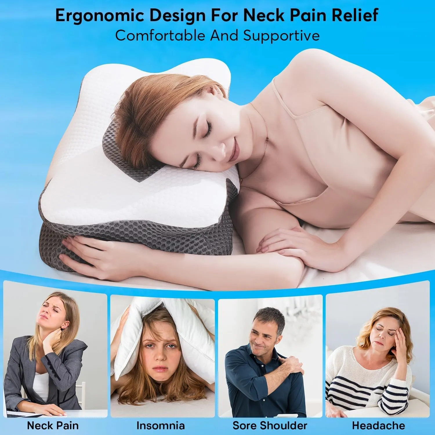 Anvo Cervical Pillow for Neck Pain Relief - Neck Pillows for Pain Relief Sleeping - Pillow for Neck and Shoulder Pain - Ergonomic Design for Side Back Stomach Sleeper-Light Black Queen Soft