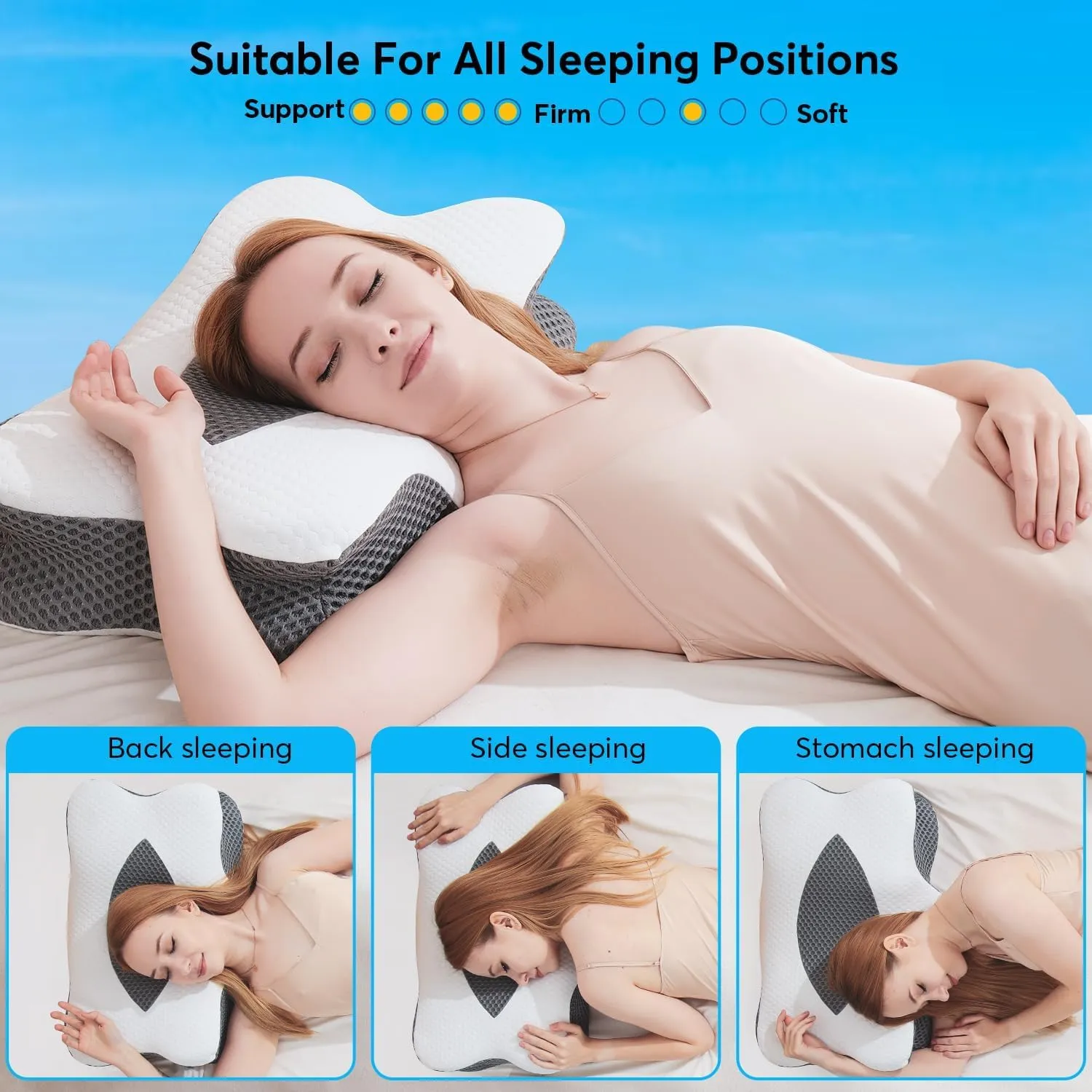 Anvo Cervical Pillow for Neck Pain Relief - Neck Pillows for Pain Relief Sleeping - Pillow for Neck and Shoulder Pain - Ergonomic Design for Side Back Stomach Sleeper-Light Black Queen Soft