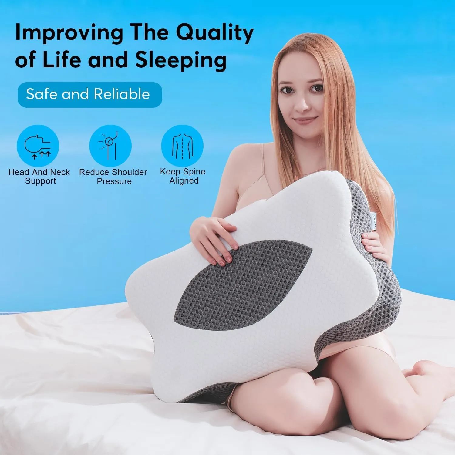 Anvo Cervical Pillow for Neck Pain Relief - Neck Pillows for Pain Relief Sleeping - Pillow for Neck and Shoulder Pain - Ergonomic Design for Side Back Stomach Sleeper-Light Black Queen Soft