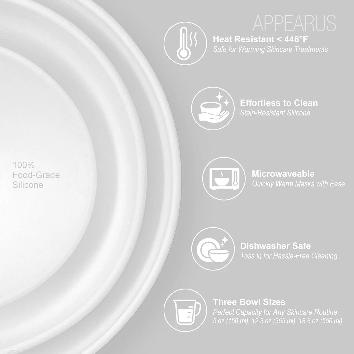 APPEARUS Facial Mask Silicone Mixing Bowl Set – 6-Piece Spa Skincare Kit with 3 Mixing Bowls, Brush & Spatulas – Reusable, Microwave & Dishwasher Safe – White