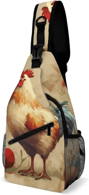 Art Chicken Animal Painting Sling Bag with Rfid Blocking Causal Mens Crossbody Bag Lightweight Chest Pack Large Man Purse Travel Crossbody Backpack Shoulder Sling Backpack for Hiking Running Cycling