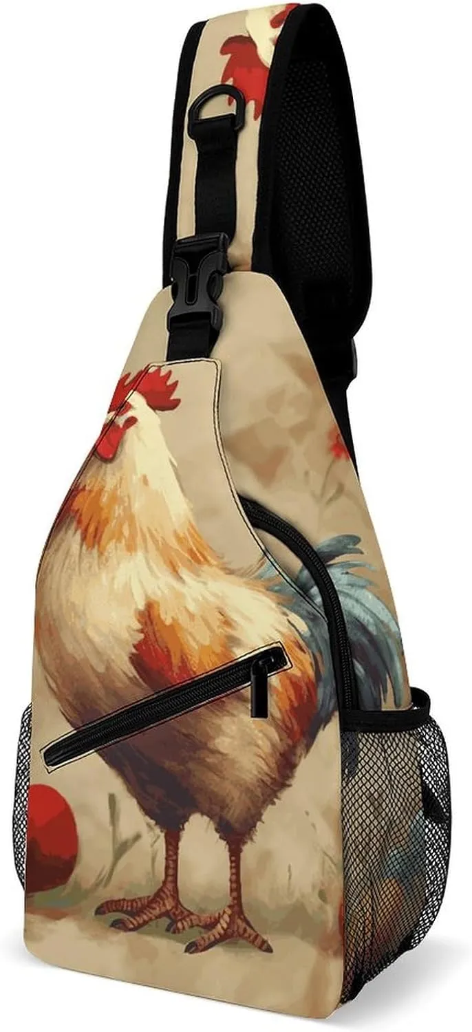 Art Chicken Animal Painting Sling Bag with Rfid Blocking Causal Mens Crossbody Bag Lightweight Chest Pack Large Man Purse Travel Crossbody Backpack Shoulder Sling Backpack for Hiking Running Cycling