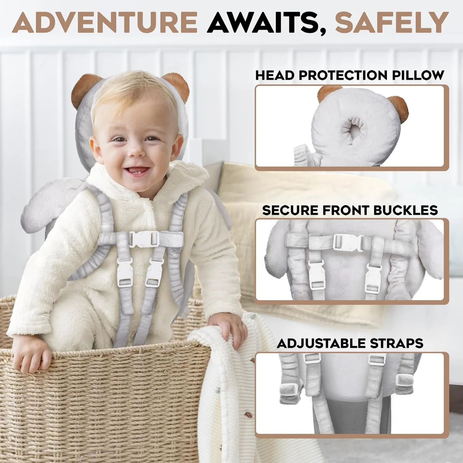 Baby Head Protector Backpack, 100% Cotton Non-Toxic Hypoallergenic Baby Backpack Head Protection, Full Head Coverage, Baby Head Protection for Falling, Secure, Durable, Bear (Grey)