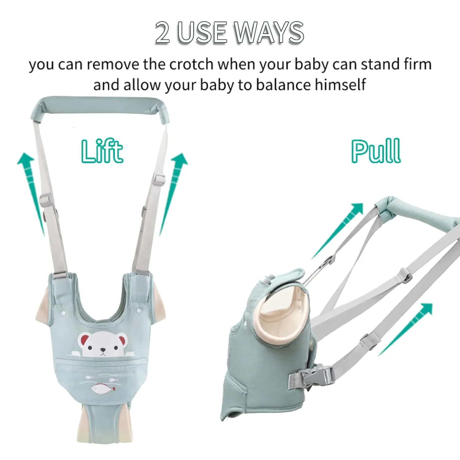 Baby Walking Harness, Handheld Kids Walker Helper with Detachable Crotch Adjustable Walker Harness Assistant Belt Baby Learning Walk Toddler Infant Walker 9-24 Months (Green)