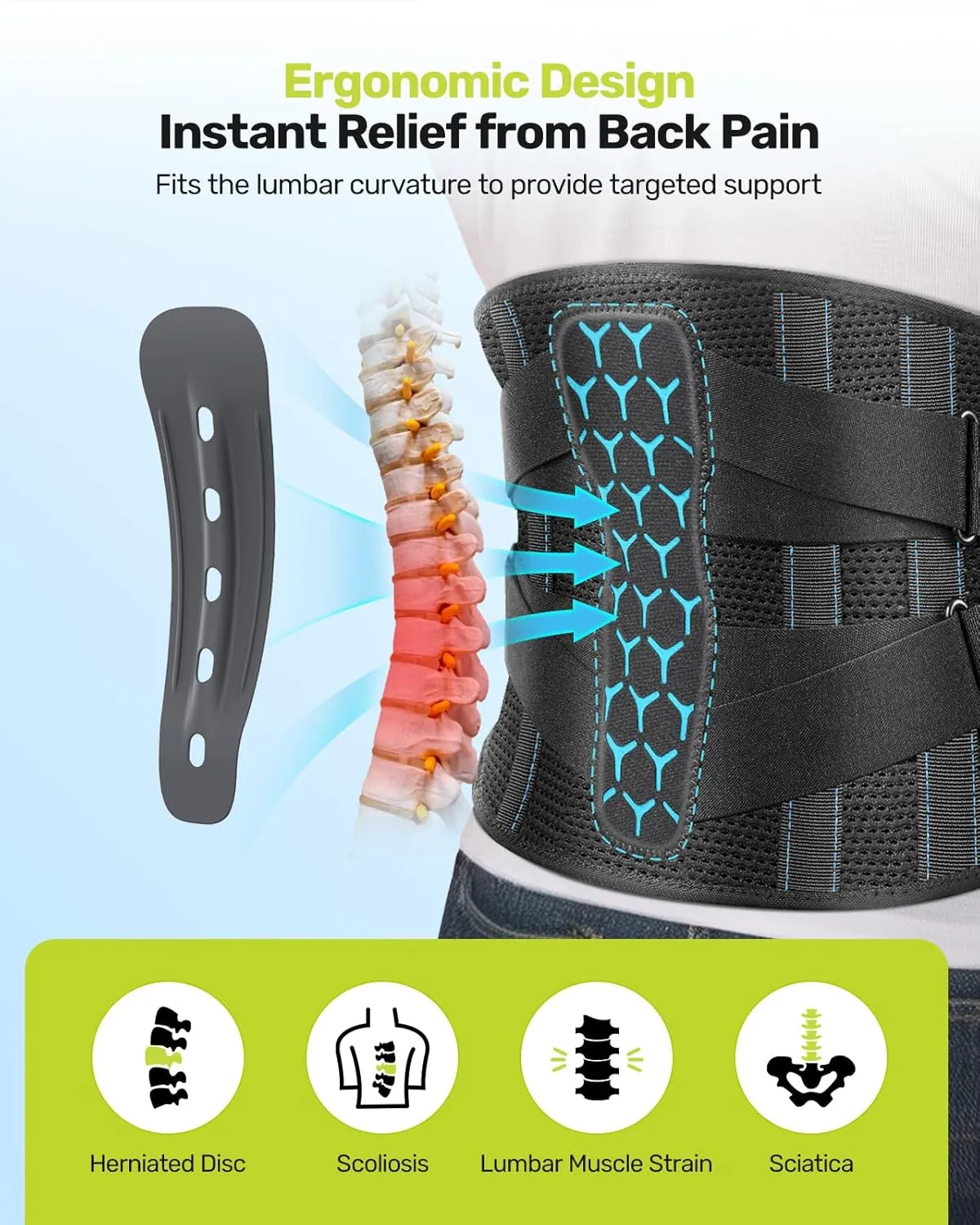 Back Brace for Lower Back Pain, 7 Stays Ergonomic Support Brace with Comfortable 3D Pad, Easy to Put On/Off Lumbar Support Belt for Women Men, Pain Relief from Sciatica, Herniated Disc, Size M (Waist: 33.5"-39.4")