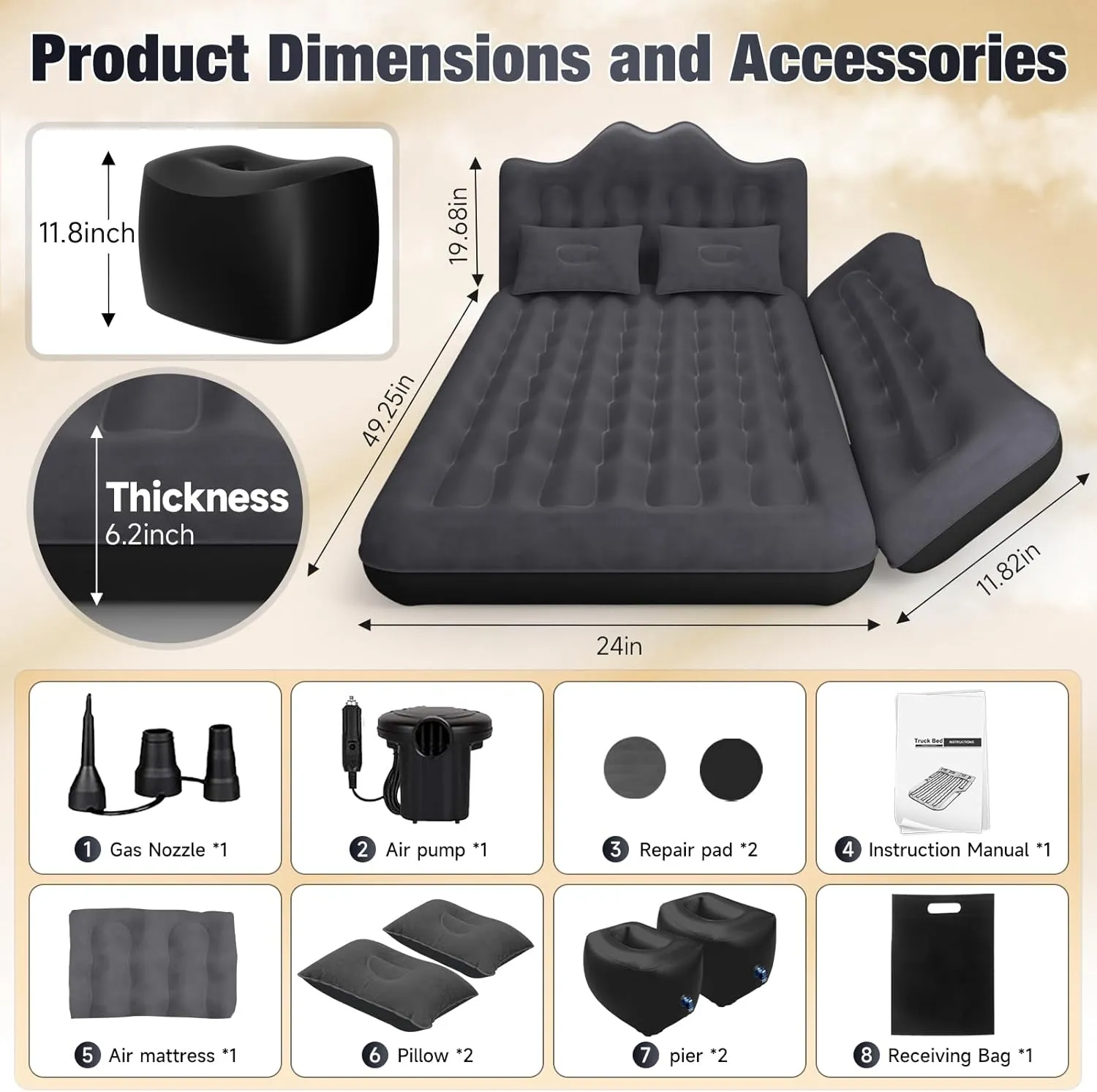 Back Seat Car Air Mattress: Inflatable SUV Car Camping Bed for Truck Van, Thickened Double-Sided Flocking Travel Car Sleeping Pad with Air Pump 2 Pillows