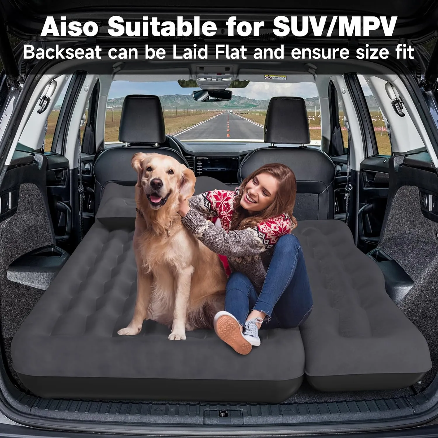 Back Seat Car Air Mattress: Inflatable SUV Car Camping Bed for Truck Van, Thickened Double-Sided Flocking Travel Car Sleeping Pad with Air Pump 2 Pillows