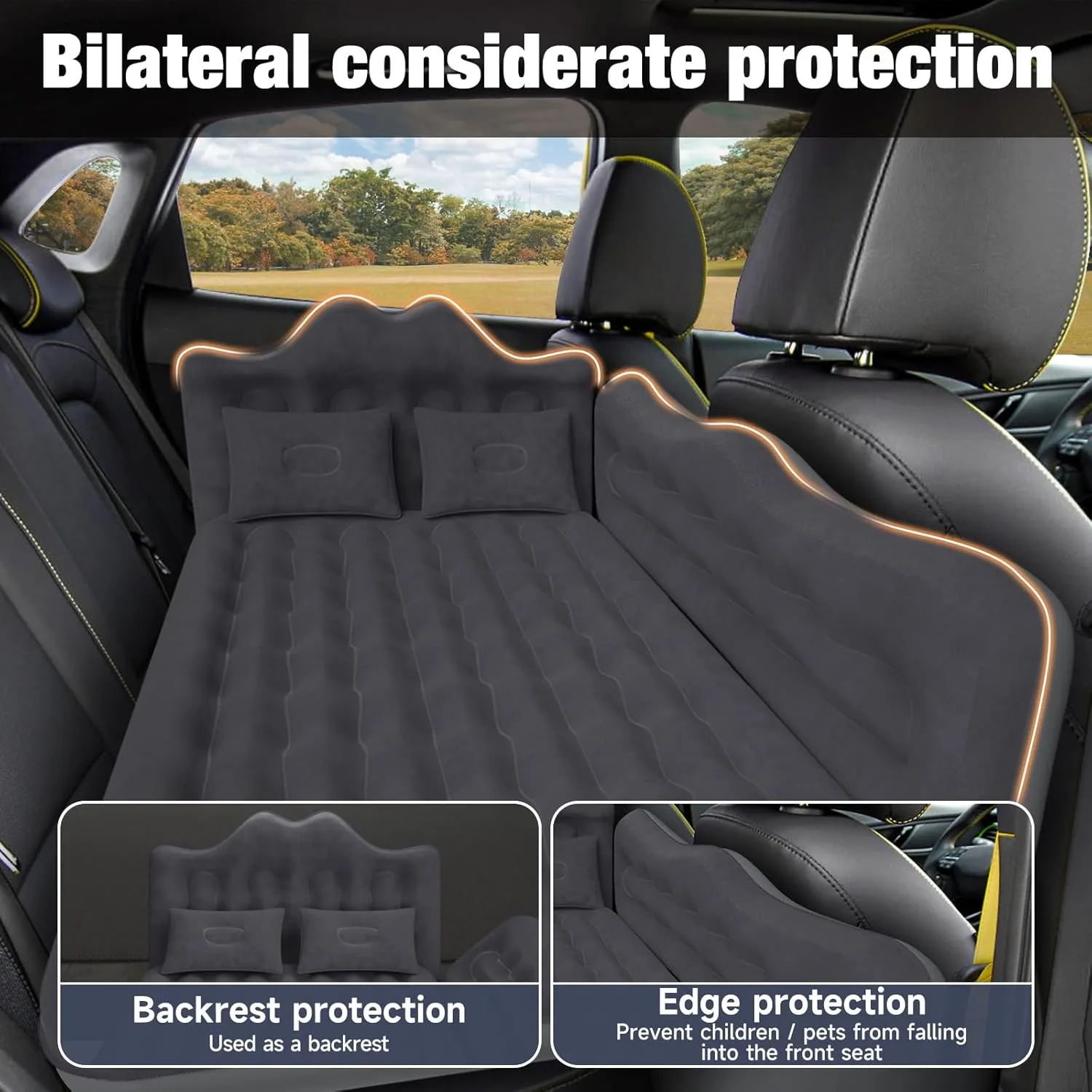 Back Seat Car Air Mattress: Inflatable SUV Car Camping Bed for Truck Van, Thickened Double-Sided Flocking Travel Car Sleeping Pad with Air Pump 2 Pillows