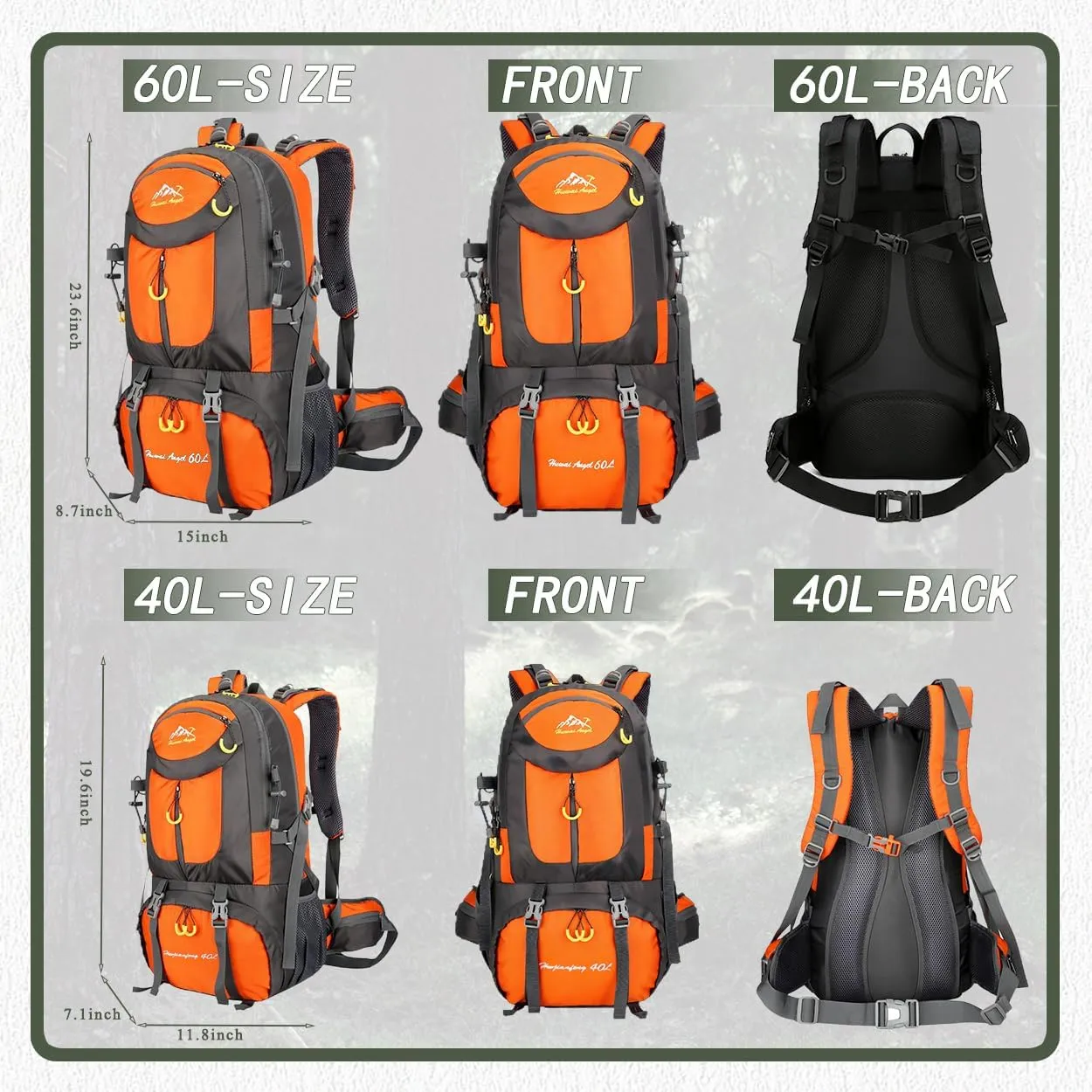 Backpack Hiking Camping Backpack Daypack 40L 50L 60L Water Resistant Lightweight Travel Backpack For Wemen Men (Orange, 60L)