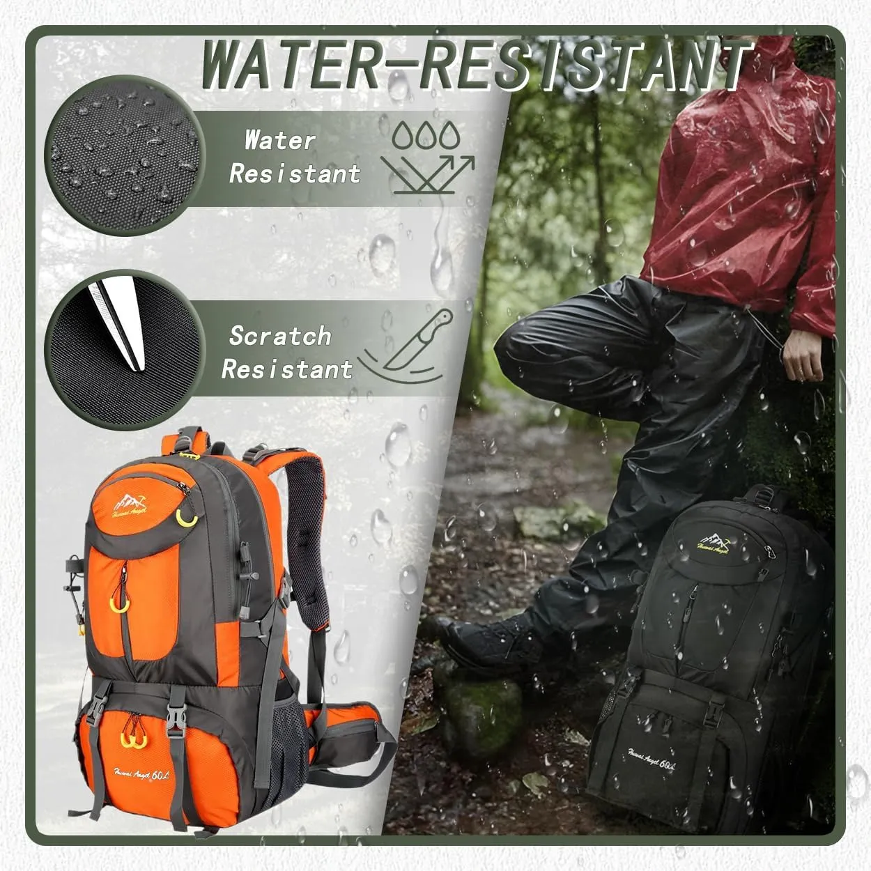 Backpack Hiking Camping Backpack Daypack 40L 50L 60L Water Resistant Lightweight Travel Backpack For Wemen Men (Orange, 60L)