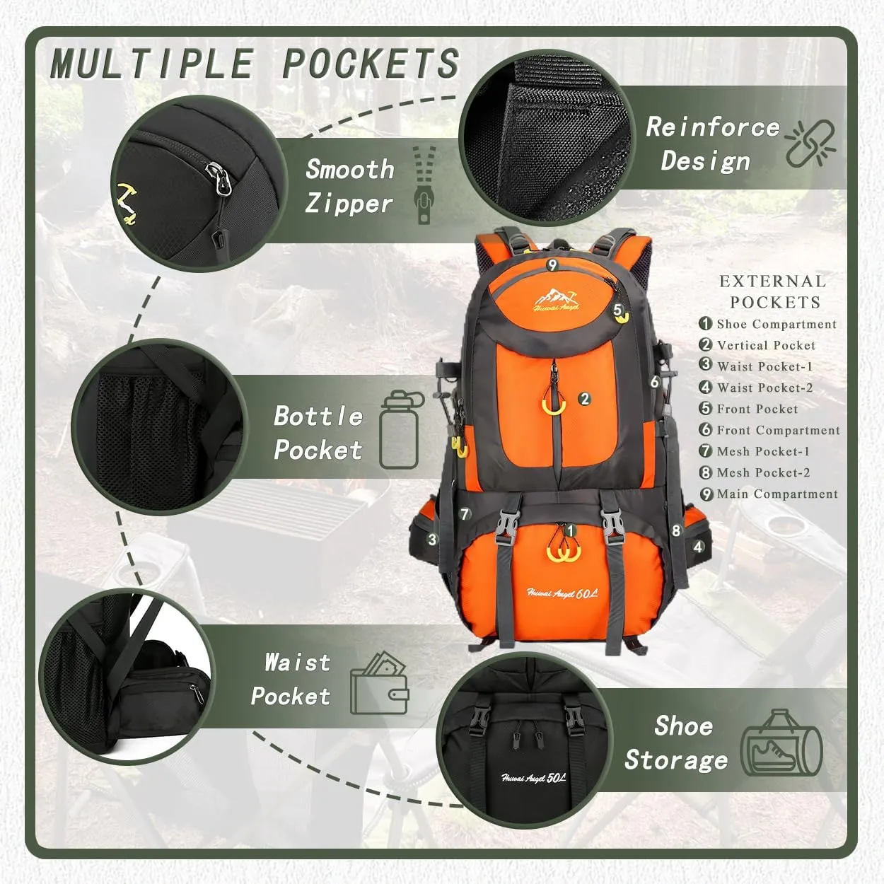 Backpack Hiking Camping Backpack Daypack 40L 50L 60L Water Resistant Lightweight Travel Backpack For Wemen Men (Orange, 60L)