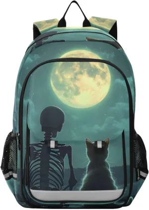 Backpack Skeleton Cat Watch Moon for Men Women Travel Laptop Daypack Shoulder Bag Book Bag Cool Funny Cute Backpack with Reflective Strip 12.9 ×17.7 In
