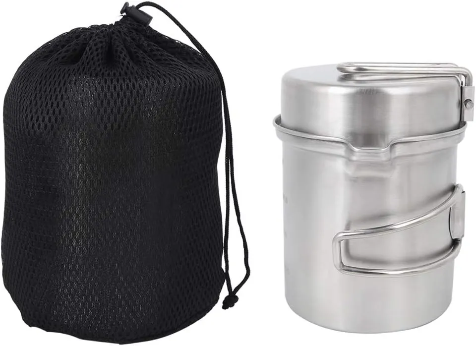 Backpacking Camping Cookware Stainless Steel Camping Pot with Foldable Handle Backpacking Cooking Pot for Hiking Picnic