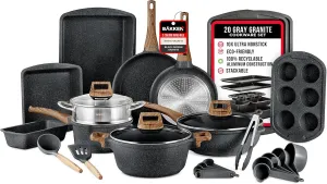 Bakken-Swiss 20-Piece Kitchen Cookware Set – Granite Non-Stick – Eco-Friendly – for All Stoves & Oven-Safe - Marble coating