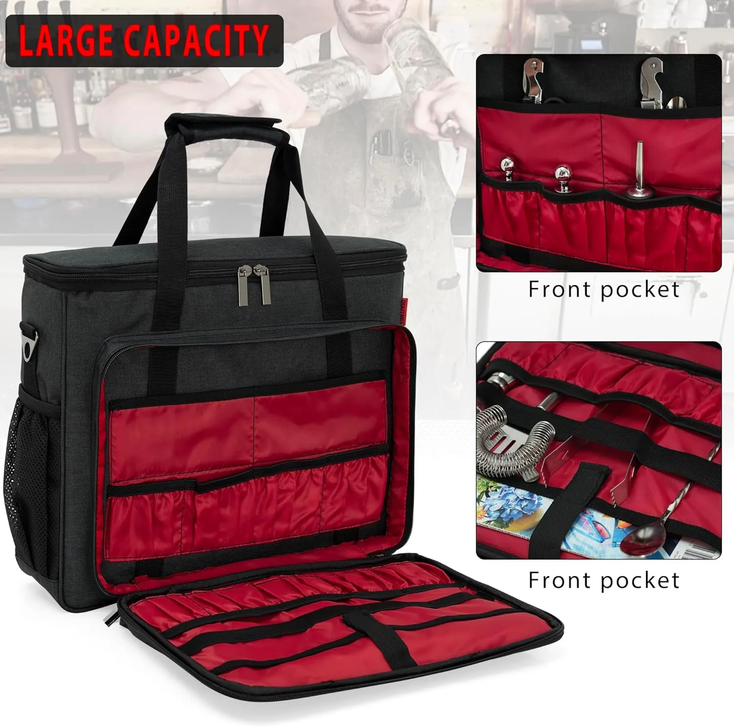 Bartender Bag, Bartender Kit Travel Bag for Cocktail Shaker Set, Portable Bartender Carrying Bag with Compartments for Wine Bottles, for Travel Home Indoor Outdoor Party(Bag Without Tools)