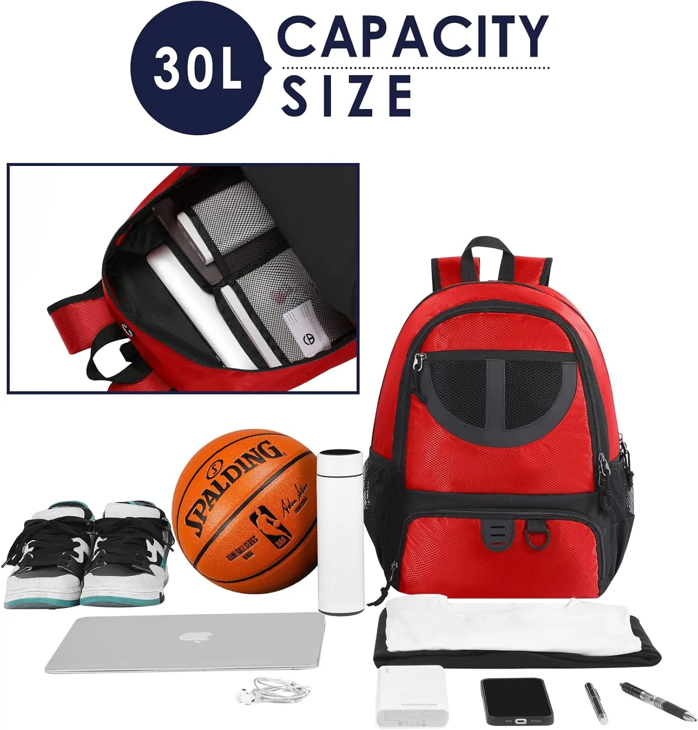 Basketball Bag Backpack for Men Women with Ball & Shoes Compartment 30L Capacity Lightweight Breathable Boys Girls Soccer Ball Bag Backpack Fit Volleyball Football Sports Travel School Gym