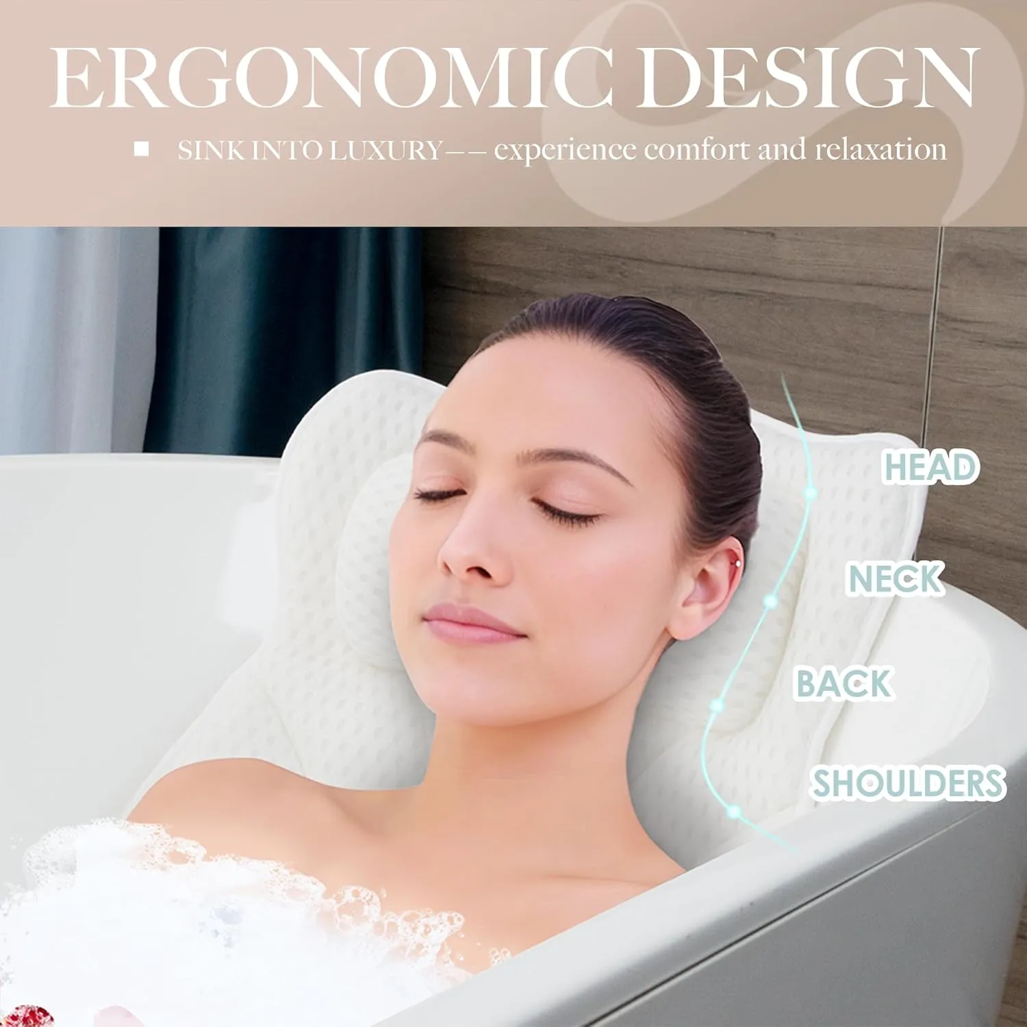 Bath Pillows for Tub Head Neck Back Support, Bathtub Pillow 4D Breathable Air Mesh, Spa Relaxing Gifts for Women, Luxury Bathing Accessories with 6 Suction Cups and Hook (White)