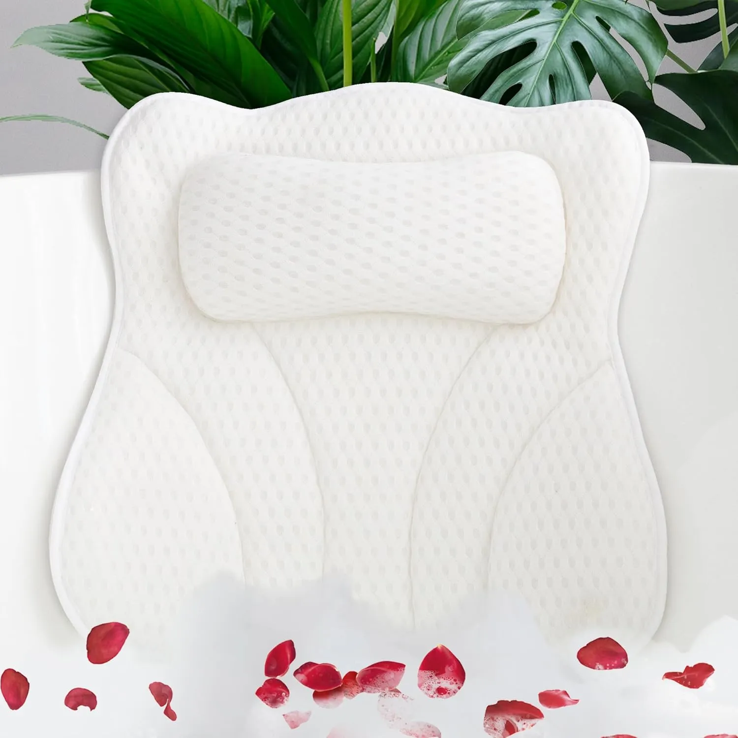 Bath Pillows for Tub Head Neck Back Support, Bathtub Pillow 4D Breathable Air Mesh, Spa Relaxing Gifts for Women, Luxury Bathing Accessories with 6 Suction Cups and Hook (White)