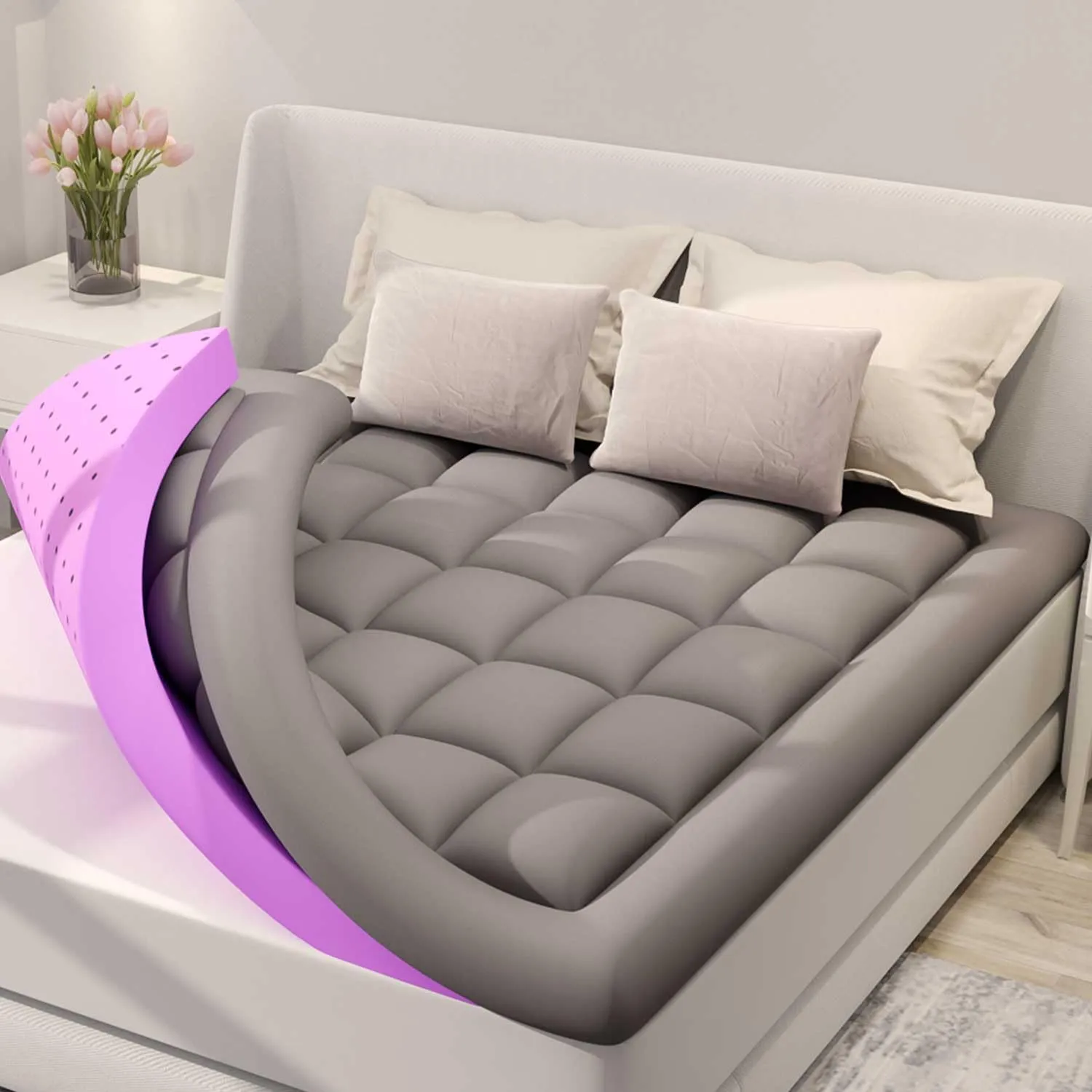BDEUS Dual Layer 5 Inch Memory Foam Mattress Topper Queen Size, 2 Inch Gel Memory Foam Plus 3 Inch 1450 GSM Down Alternative Quilted Pillow Top Mattress Pad Cover,Dark Gray