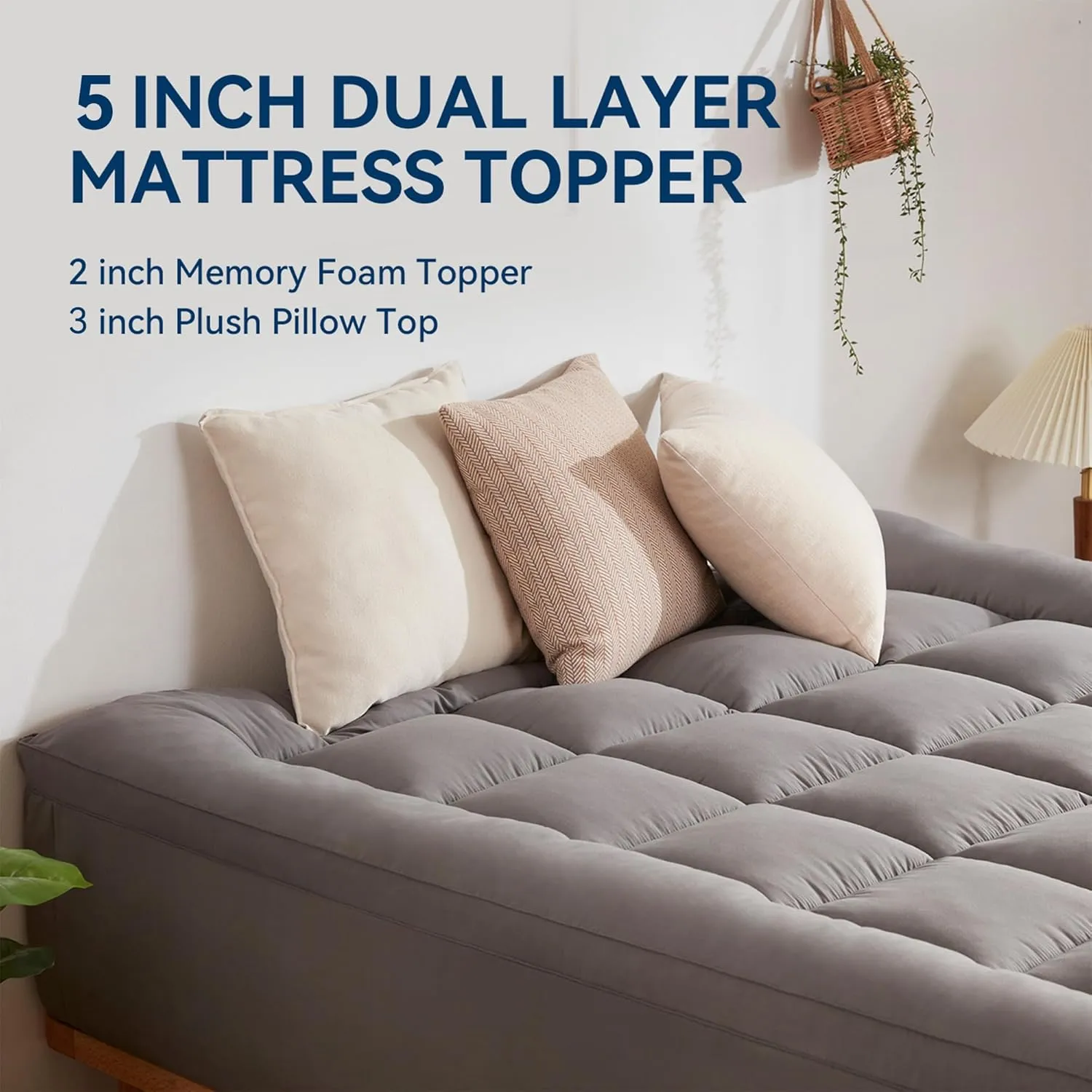 BDEUS Dual Layer 5 Inch Memory Foam Mattress Topper Queen Size, 2 Inch Gel Memory Foam Plus 3 Inch 1450 GSM Down Alternative Quilted Pillow Top Mattress Pad Cover,Dark Gray
