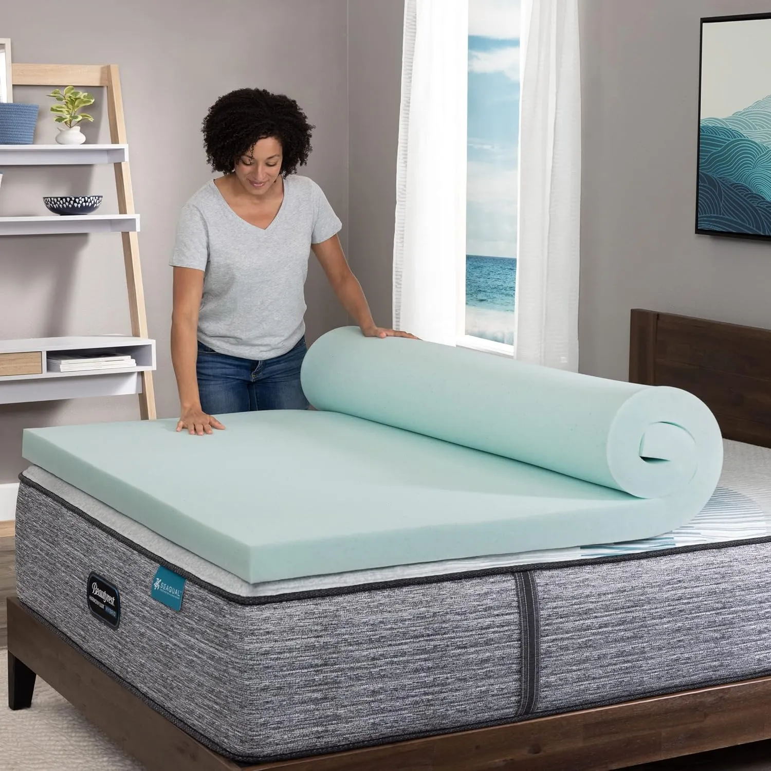 Beautyrest Thermagel Deluxe Cooling Pressure-Relieving Memory Foam Mattress Topper, Full, 3-Inch, Blue