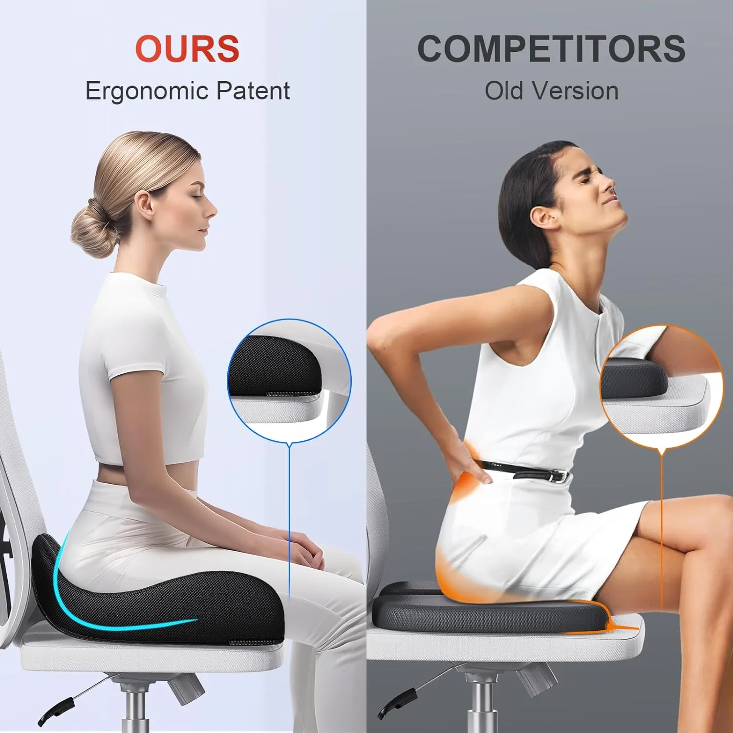 Benazcap Memory Seat Cushion for Office Chair Ergonomic Cushions Pad Pillow for Pressure Relief Sciatica & Pain Relief Memory Foam for Long Sitting for Gaming Chair and Car Seat Black