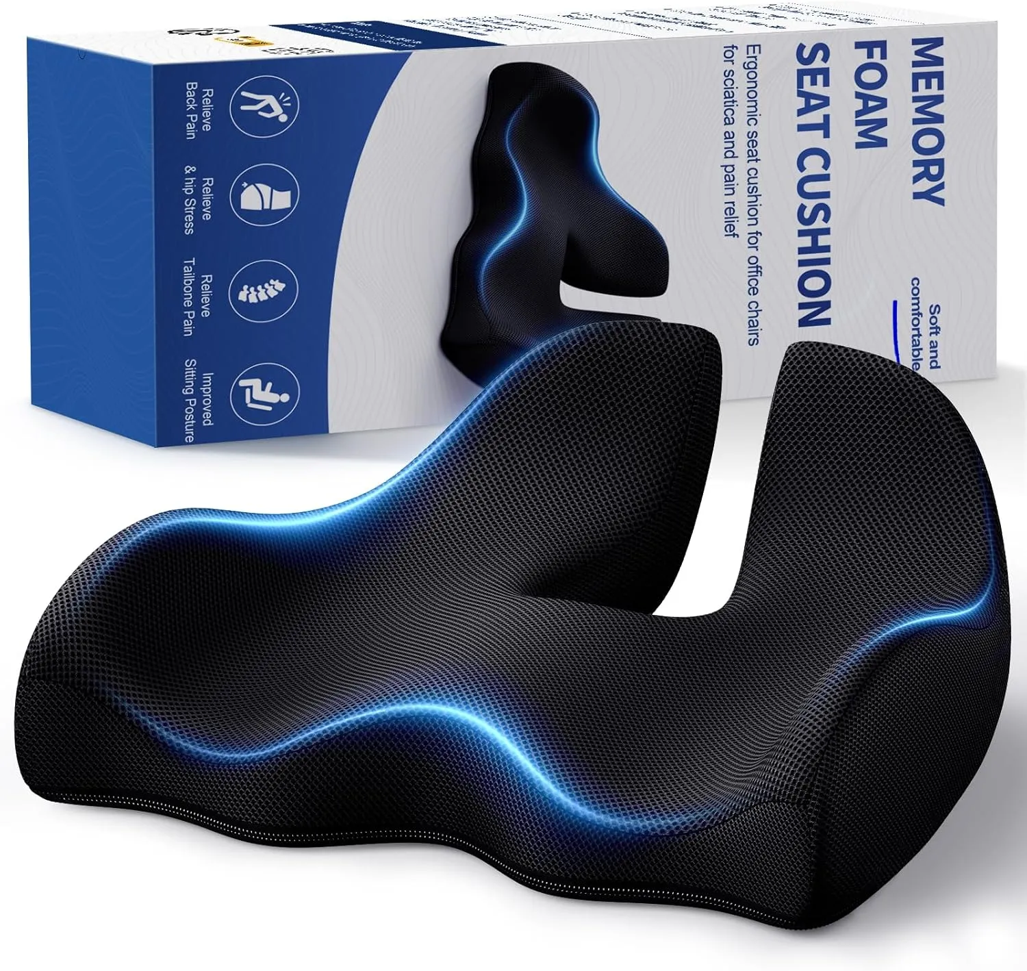 Benazcap Memory Seat Cushion for Office Chair Ergonomic Cushions Pad Pillow for Pressure Relief Sciatica & Pain Relief Memory Foam for Long Sitting for Gaming Chair and Car Seat Black