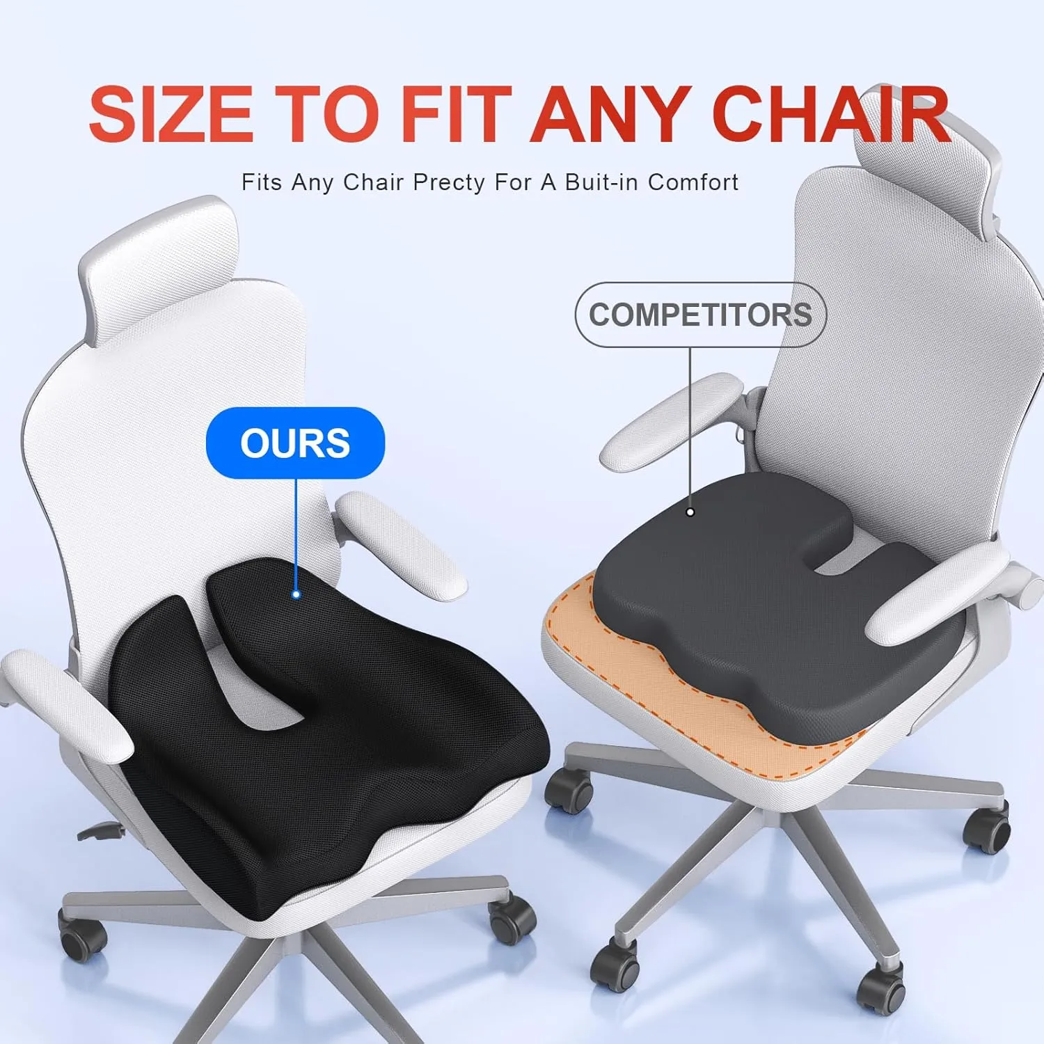 Benazcap Memory Seat Cushion for Office Chair Ergonomic Cushions Pad Pillow for Pressure Relief Sciatica & Pain Relief Memory Foam for Long Sitting for Gaming Chair and Car Seat Black