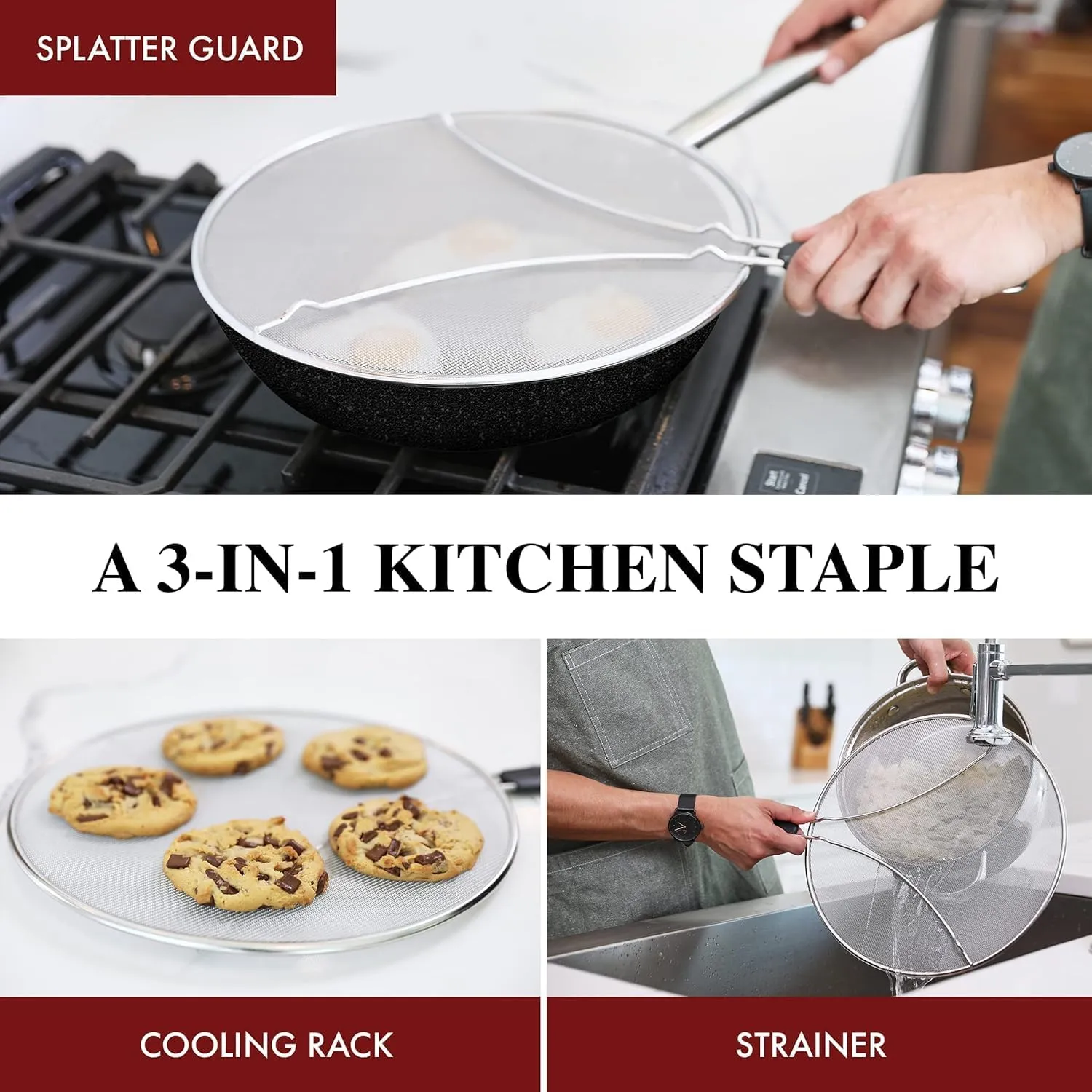 BergKoch Splatter Screen for Frying Pan - 9.5/11.5/13 Inch Stainless Steel Grease Splatter Guard (Set of 3) - Cover Oil Splash when Sizzling Bacon, Cooking Fried Chicken or Popcorn