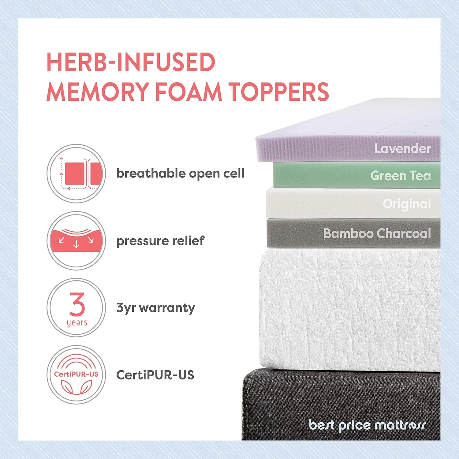 Best Price Mattress 2 Inch Ventilated Memory Foam Mattress Topper, Calming Green Tea Infusion, CertiPUR-US Certified, Twin
